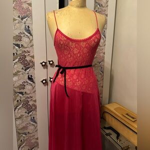 Vintage Asymmetric Drop Waist Deep Pink Floral Lace Nightgown by Papillon